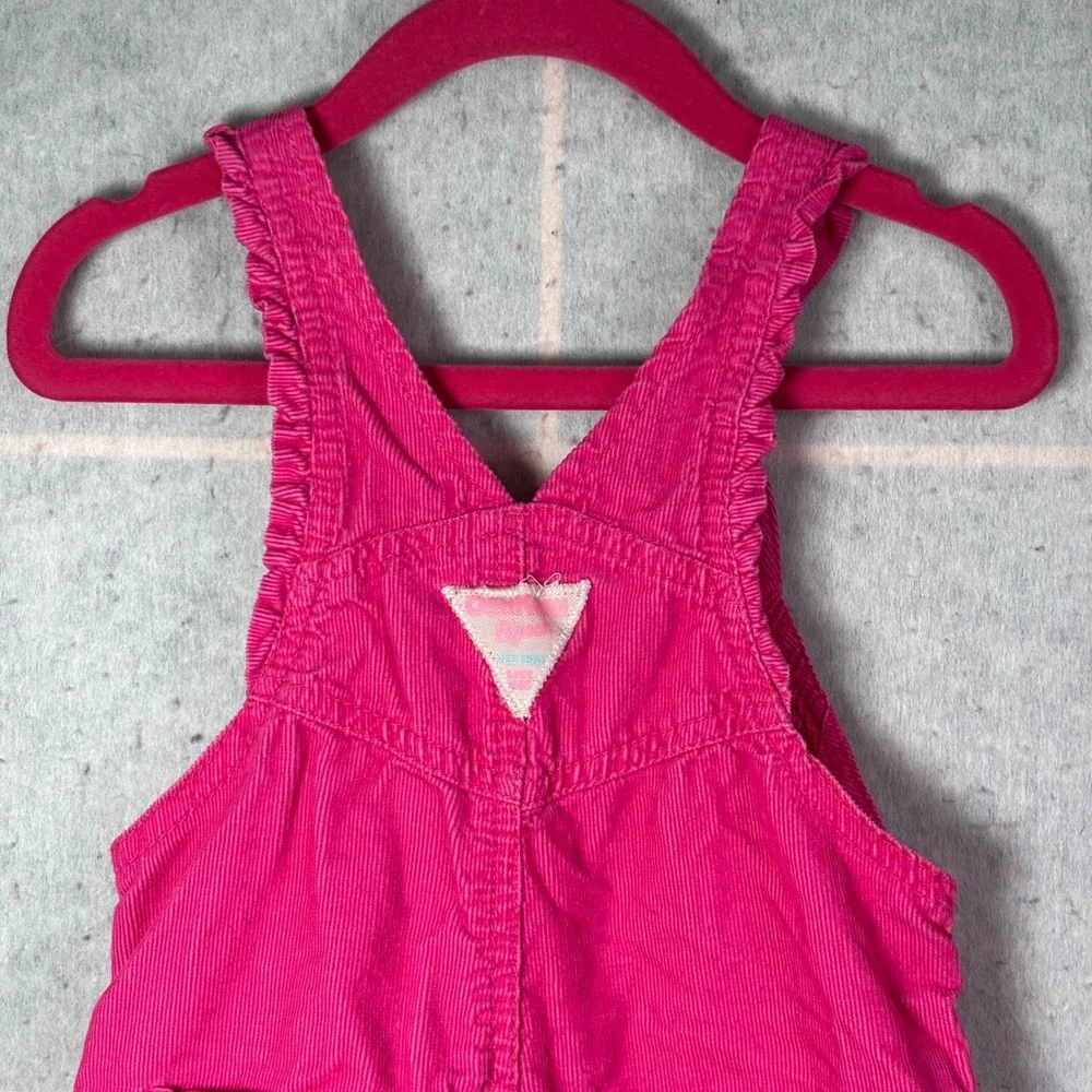 OshKosh Bgosh Corduroy Overalls Baby Girls 12M Pink Floral Embroidery Ruffle Hem